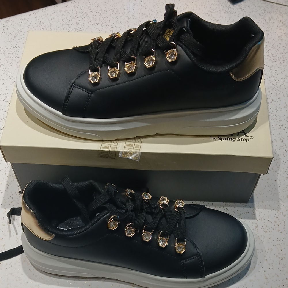 Spring Step Black Sneakers with Gold Details